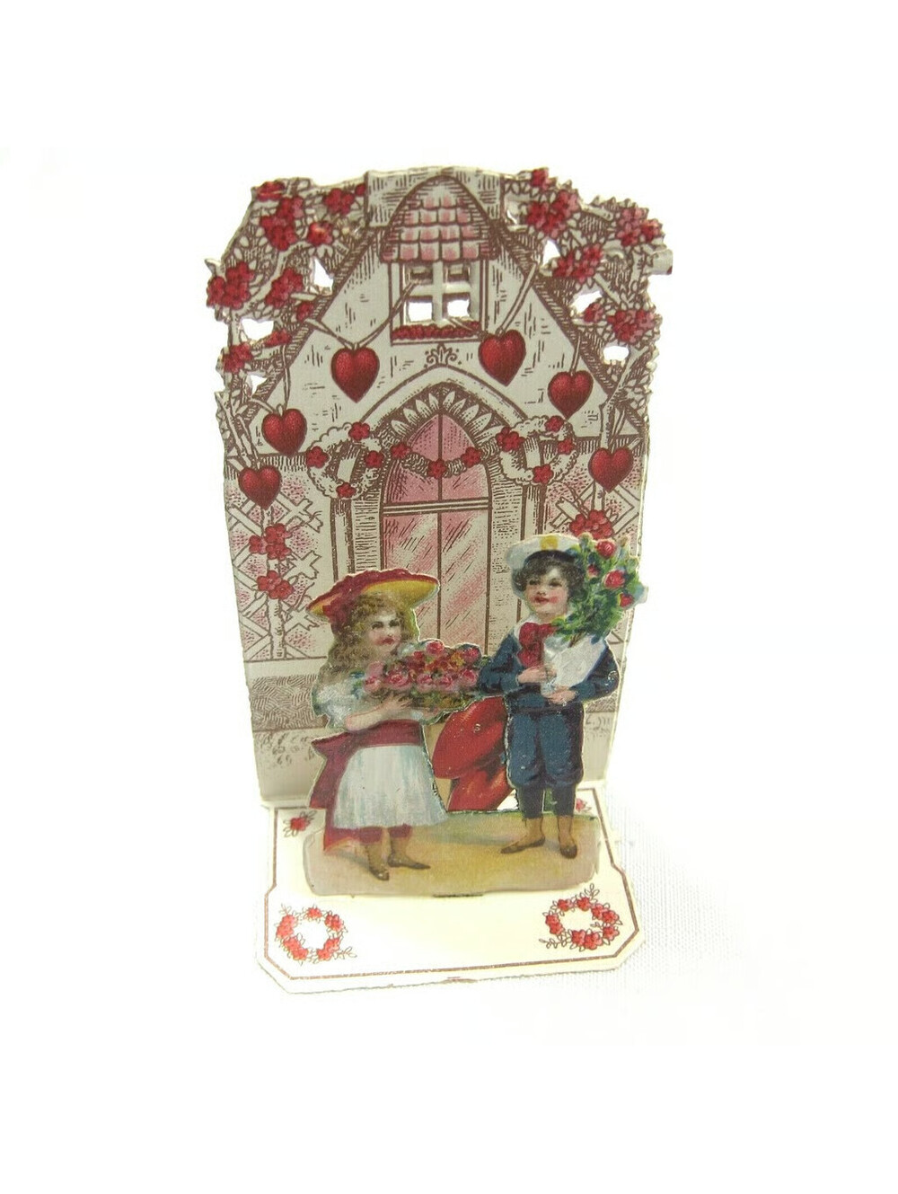 Vintage Valentine Pop Up 3D Pull Down Die Cut Victorian Girl Boy Flowers Germany